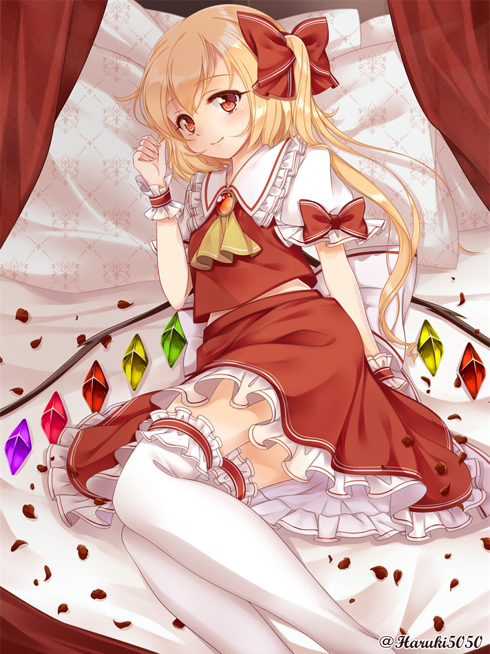 artist_name ascot blonde_hair bow brooch commentary_request curtains eyebrows_visible_through_hair feet_out_of_frame flandre_scarlet frilled_shirt_collar frills hair_bow hand_up haruki_(colorful_macaron) jewelry leg_garter looking_at_viewer lying petals petticoat pillow puffy_short_sleeves puffy_sleeves red_bow red_curtains red_eyes red_skirt red_vest short_sleeves skirt smile solo thighhighs touhou twitter_username vest white_legwear wings wrist_cuffs yellow_neckwear zettai_ryouiki