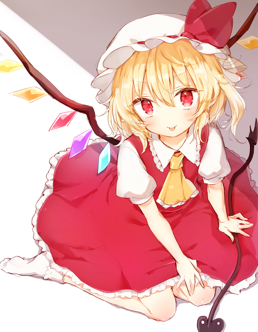 :p arm_support blonde_hair collared_shirt commentary_request crystal flandre_scarlet hand_on_own_knee hat hat_ribbon honotai laevatein mob_cap puffy_short_sleeves puffy_sleeves red_eyes red_ribbon red_skirt ribbon shirt short_hair short_sleeves sitting skirt skirt_set solo tongue tongue_out touhou two-tone_background white_legwear white_shirt wings yellow_neckwear