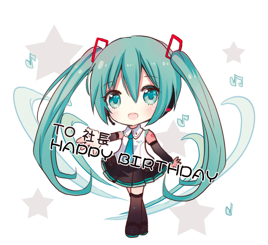 :d aqua_hair aqua_neckwear arm_warmers bangs bare_shoulders beamed_eighth_notes black_footwear black_legwear black_skirt blush boots chibi collared_shirt commentary_request eighth_note eyebrows_visible_through_hair full_body green_eyes hair_between_eyes hair_ornament happy_birthday hatsune_miku long_hair looking_at_viewer maodouzi musical_note necktie open_mouth pleated_skirt quarter_note shirt skirt sleeveless sleeveless_shirt smile solo standing thigh_boots thighhighs translated twintails upper_teeth very_long_hair vocaloid white_background white_shirt
