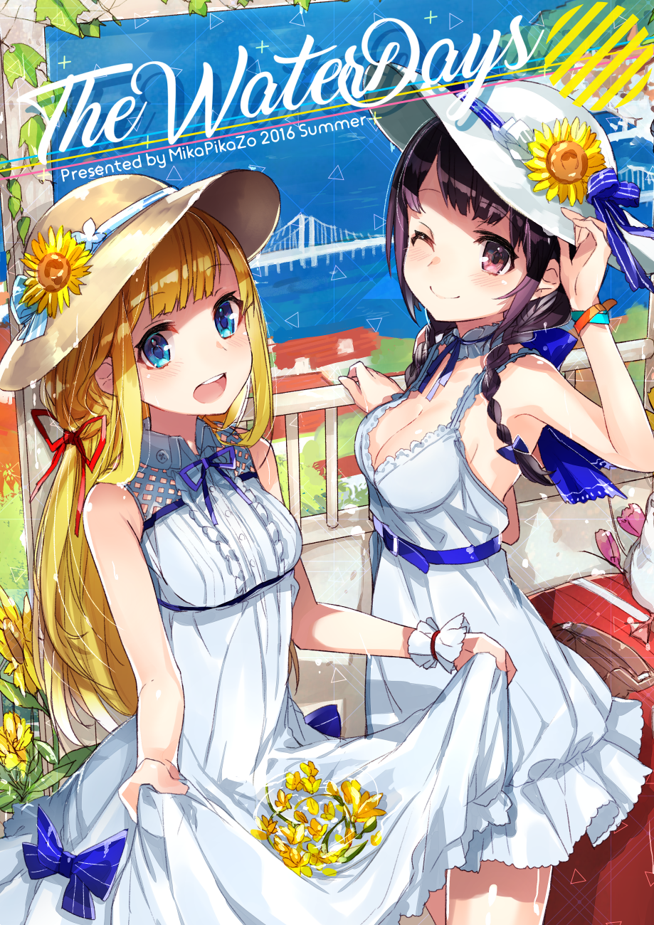 :d ;) arm_up armpits bangs bare_arms bare_shoulders belt bird blonde_hair blue_belt blue_bow blue_eyes blue_ribbon blush bow bracelet braid breasts bridge brown_hat buttons center_frills character_request choker cleavage closed_mouth collared_dress commentary_request cowboy_shot day dot_nose dress dress_bow eyebrows_visible_through_hair eyelashes flower frilled_choker frills hair_over_shoulder hair_ribbon hand_on_headwear hand_on_railing hand_up hands_up happy harbor hat hat_bow hat_flower hat_ornament highres house ivy jewelry lace lace-trimmed_dress long_hair looking_at_viewer loose_belt medium_breasts mika_pikazo multiple_girls one_eye_closed open_mouth original outdoors plant purple_eyes purple_flower purple_hair railing raised_eyebrows red_ribbon ribbon rolling_suitcase round_teeth seagull shore short_dress sideboob skirt_basket sleeveless sleeveless_dress smile spaghetti_strap stairs standing striped striped_bow sun_hat sundress sunflower teeth town twin_braids vines white_dress white_hat wing_collar wrist_cuffs yellow_flower