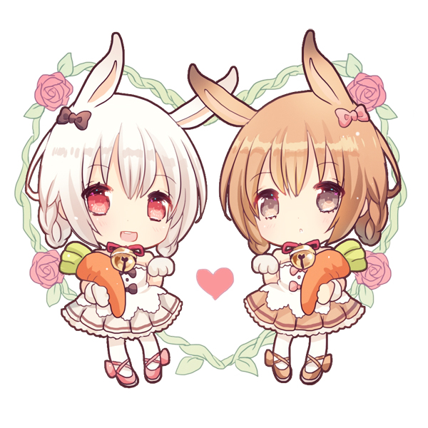 :d :o animal_ears bangs bare_shoulders bell black_bow bow braid brown_dress brown_eyes brown_hair bunny_ears chibi commentary_request dress eyebrows_visible_through_hair gloves hair_between_eyes hair_bow heart jingle_bell looking_at_viewer maodouzi multiple_girls open_mouth original pantyhose parted_lips paw_gloves paws pink_bow pleated_dress red_eyes red_ribbon ribbon silver_hair smile standing strapless strapless_dress stuffed_carrot stuffed_toy upper_teeth white_background white_dress white_legwear