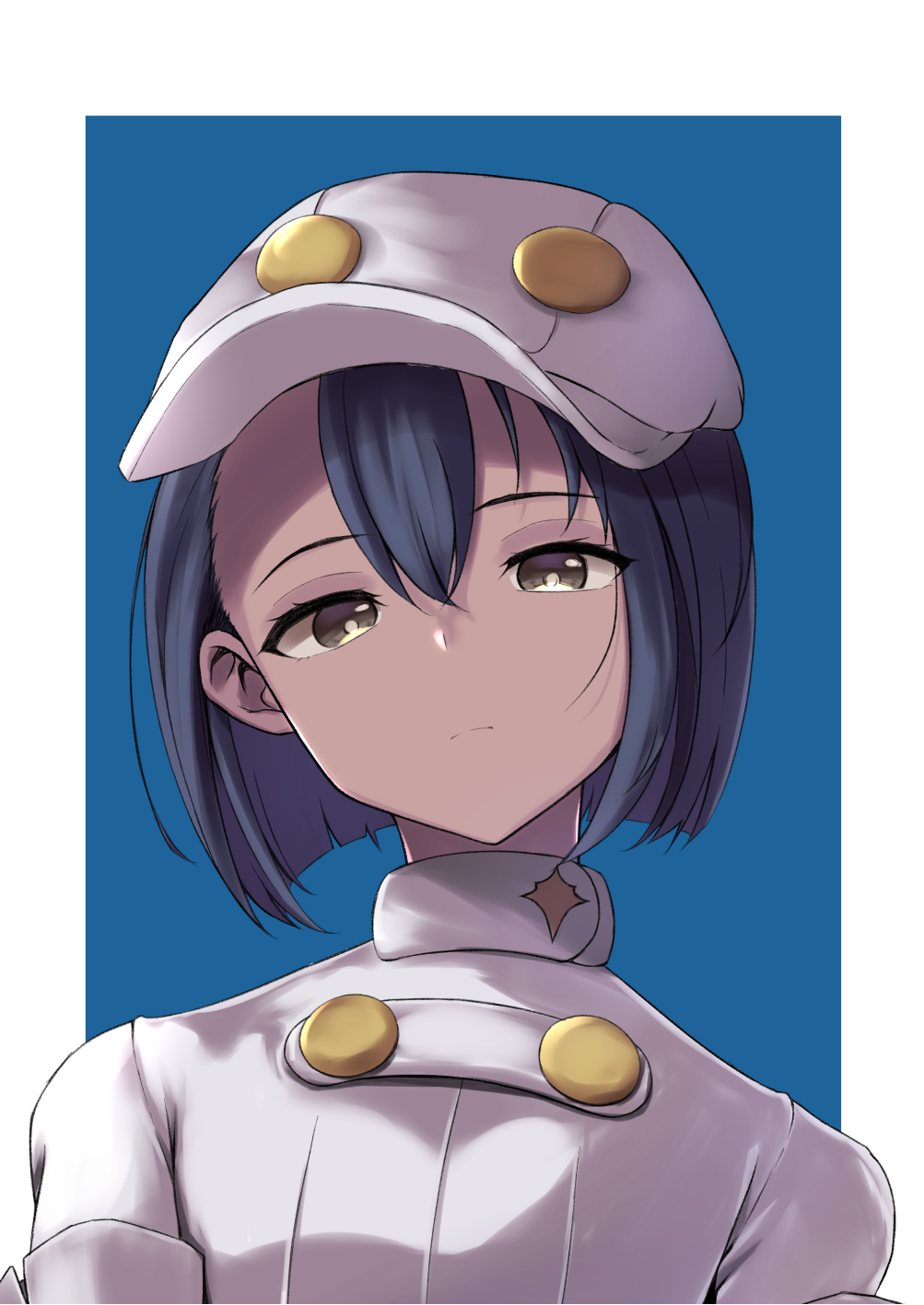 aether_foundation_employee aether_foundation_uniform black_hair blue_background bright_pupils brown_eyes closed_mouth dark_skin expressionless flat_cap hat head_tilt hesumi highres looking_at_viewer pokemon pokemon_(game) pokemon_sm short_hair solo tsurime upper_body white_hat