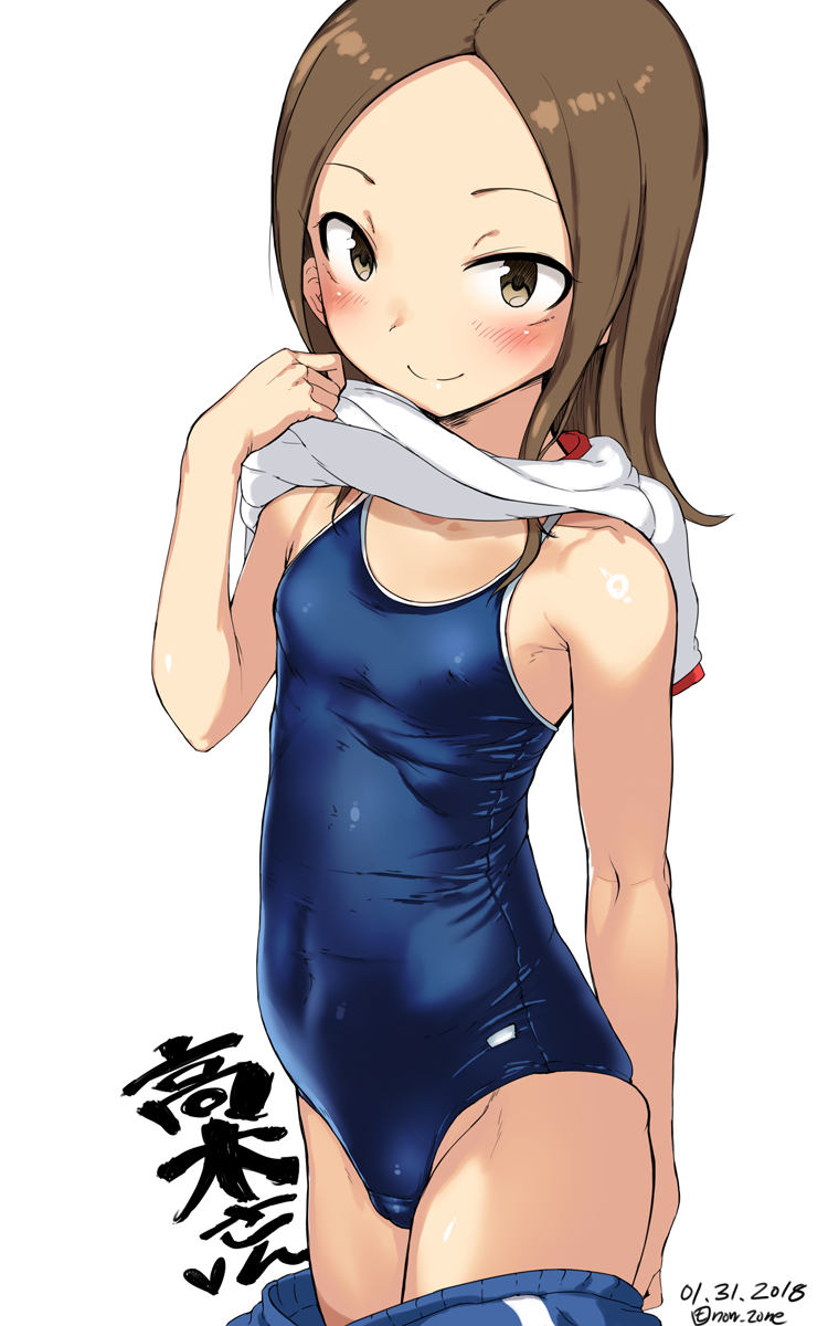 bare_arms bare_shoulders blue_shorts blue_swimsuit blush closed_mouth competition_school_swimsuit covered_navel covered_nipples cowboy_shot dated flat_chest forehead groin gym_shorts gym_uniform hand_up highres imazon karakai_jouzu_no_takagi-san long_hair looking_at_viewer one-piece_swimsuit shiny shiny_hair shirt shirt_lift shorts shorts_pull signature simple_background skin_tight skindentation smile solo standing swimsuit takagi-san undressing white_background white_shirt