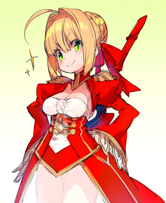 &gt;:) aestus_estus ahoge blonde_hair braid breasts bukurote cleavage closed_mouth dress epaulettes fate/extra fate_(series) french_braid green_eyes hair_bun hair_intakes hair_ribbon hands_on_hips juliet_sleeves long_sleeves looking_at_viewer medium_breasts nero_claudius_(fate) nero_claudius_(fate)_(all) puffy_sleeves red_dress ribbon see-through short_hair smile smug solo sparkle sword v-shaped_eyebrows weapon