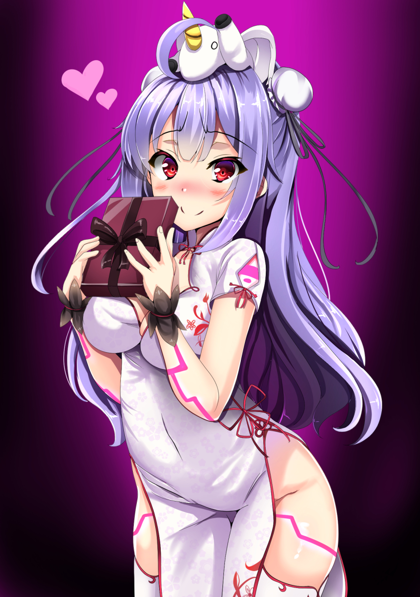 ahoge azur_lane black_ribbon blush box breasts bun_cover china_dress chinese_clothes cleavage closed_mouth covered_navel double_bun dress gift gift_box gradient gradient_background groin highres holding holding_gift large_breasts long_hair looking_at_viewer no_panties nose_blush on_head pelvic_curtain purple_background purple_hair red_eyes ribbon senra_banshou short_sleeves side_bun smile solo stuffed_alicorn stuffed_animal stuffed_toy thighhighs unicorn_(azur_lane) unicorn_gundam very_long_hair white_dress white_legwear wrist_cuffs