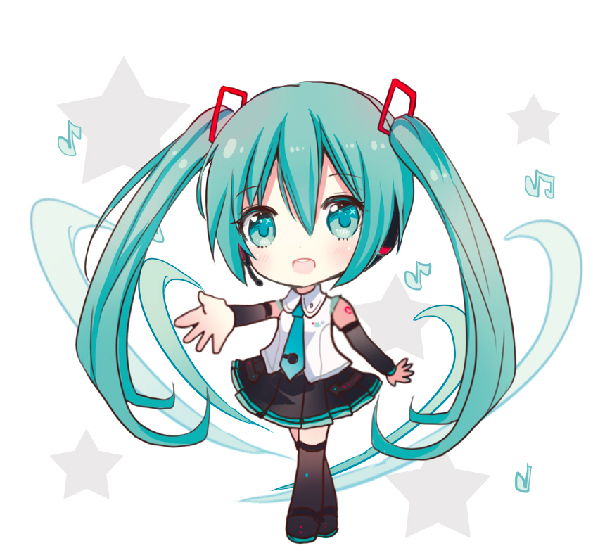 :d aqua_hair aqua_neckwear arm_warmers bangs bare_shoulders beamed_eighth_notes black_footwear black_legwear black_skirt blush boots chibi collared_shirt eighth_note eyebrows_visible_through_hair full_body green_eyes hair_between_eyes hair_ornament hatsune_miku long_hair looking_at_viewer maodouzi musical_note necktie open_mouth pleated_skirt quarter_note shirt skirt sleeveless sleeveless_shirt smile solo standing thigh_boots thighhighs twintails upper_teeth very_long_hair vocaloid white_background white_shirt
