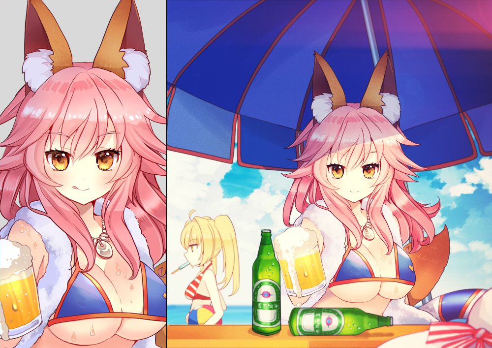 animal_ears ball bangs beachball beer_bottle beer_mug bikini blonde_hair blue_bikini blue_sky blush breasts brown_eyes cleavage closed_mouth cloud cloudy_sky commentary_request cup day eyebrows_visible_through_hair fate/grand_order fate_(series) fox_ears fox_girl fox_tail glass_bottle hair_between_eyes hat hat_removed headwear_removed holding holding_cup horizon jewelry large_breasts lifebuoy long_hair looking_at_viewer maodouzi medium_breasts mug multiple_girls nero_claudius_(fate)_(all) nero_claudius_(swimsuit_caster)_(fate) ocean outdoors parasol pendant pink_hair profile sidelocks sky smile striped striped_bikini sun_hat swimsuit tail tamamo_(fate)_(all) tamamo_no_mae_(swimsuit_lancer)_(fate) twintails umbrella water white_hat yellow_eyes