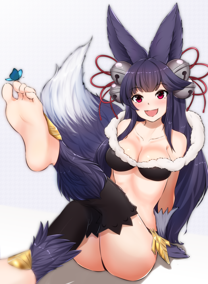 :d animal_ears arm_support bangs barefoot bell blue_hair blunt_bangs breasts bug butterfly cleavage commentary_request erune fang feet fox_ears fox_tail fur fur_trim gloves granblue_fantasy hair_bell hair_ornament happy insect jingle_bell long_hair medium_breasts open_mouth red_eyes sitting smile soles solo tail takitsubo yuel_(granblue_fantasy)