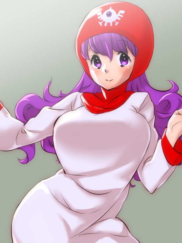 breasts closed_mouth commentary_request curly_hair dragon_quest dragon_quest_ii dress hood inu_no_koujouchou large_breasts long_hair long_sleeves looking_at_viewer princess_of_moonbrook purple_hair smile solo standing white_dress white_robe