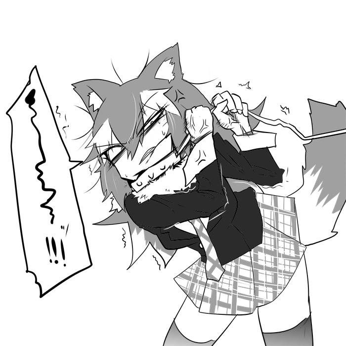 anger_vein angry animal_ears clenched_teeth collar eri_(yangyang_nickbow) eyebrows_visible_through_hair fur_collar grey_wolf_(kemono_friends) greyscale kemono_friends leash long_hair monochrome multicolored_hair necktie plaid plaid_skirt pleated_skirt skirt solo tail teeth thighhighs uneven_eyes wolf_ears wolf_tail