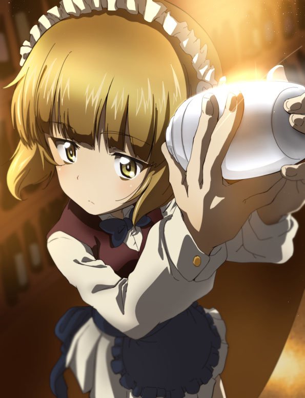 apron bangs bar black_apron black_neckwear blonde_hair blunt_bangs blurry blurry_background bow bowtie brown_vest closed_mouth cocktail_shaker commentary_request cutlass_(girls_und_panzer) cutlass_(sword) depth_of_field eyebrows_visible_through_hair foreshortening frilled_apron frills frown girls_und_panzer holding kanau long_sleeves looking_at_viewer maid_headdress miniskirt pleated_skirt shaker shirt short_hair skirt solo standing vest waist_apron white_shirt white_skirt yellow_eyes