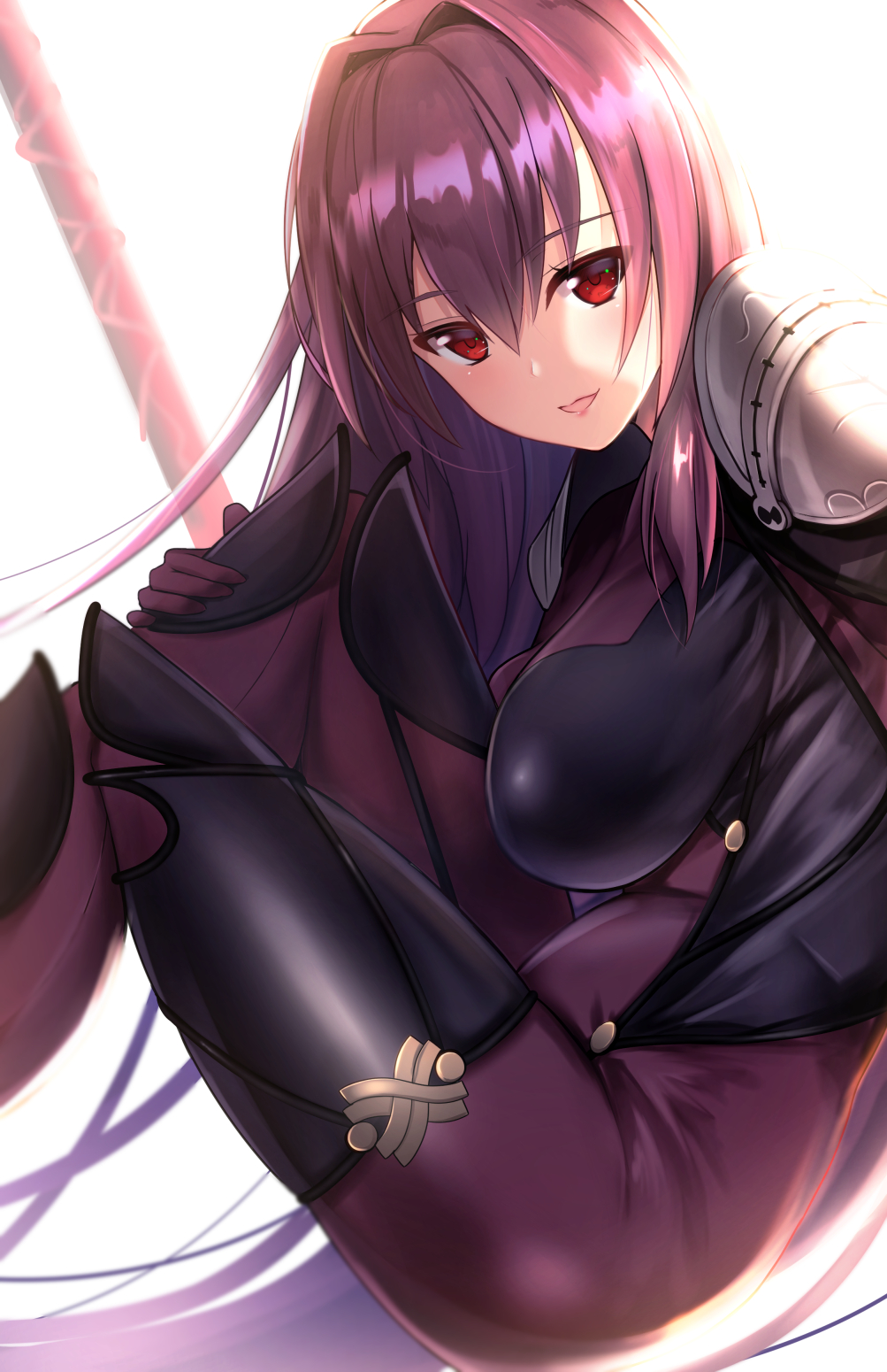 :d armor bangs bodysuit breasts eyebrows_visible_through_hair fate/grand_order fate_(series) from_side gae_bolg hair_intakes hand_on_own_knee highres hips knees_up large_breasts long_hair looking_at_viewer looking_to_the_side open_mouth pauldrons polearm purple_bodysuit purple_hair red_eyes scathach_(fate)_(all) scathach_(fate/grand_order) shiny shiny_hair shoulder_armor simple_background sitting smile solo spear thighs untsue very_long_hair weapon white_background