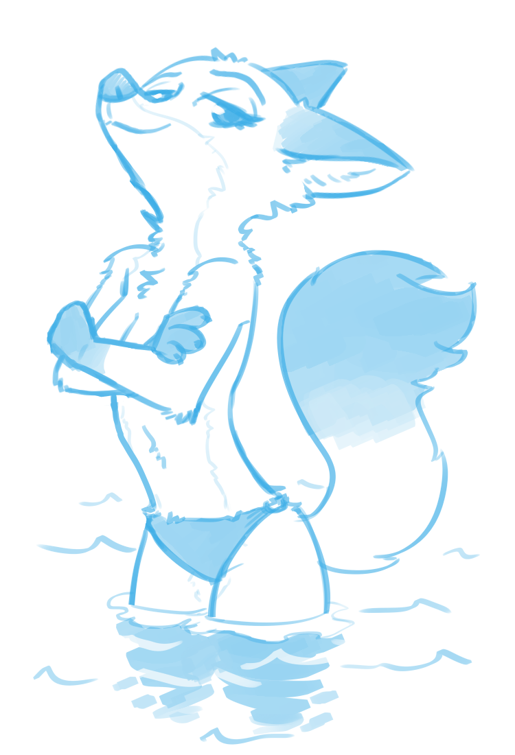 2018 anthro bedroom_eyes blue_and_white breasts canine clothed clothing covering covering_breasts crossed_arms crossgender dipstick_tail disney female fox fuel_(artist) girly gloves_(marking) half-closed_eyes looking_at_viewer mammal markings monochrome multicolored_tail nick_wilde seductive simple_background smile solo topless water white_background zootopia