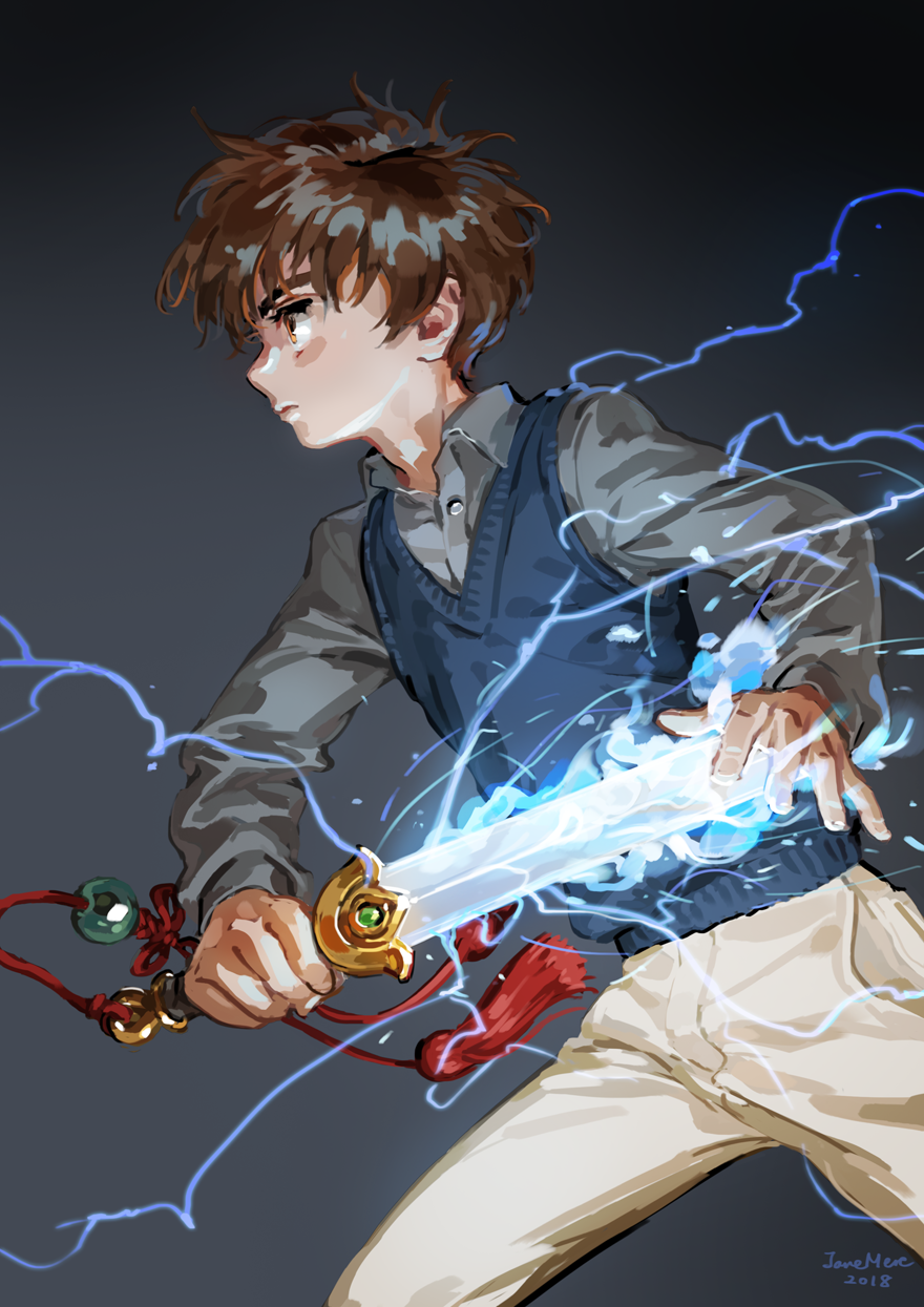 2018 artist_name brown_hair cardcaptor_sakura closed_mouth collared_shirt electricity fighting_stance glowing glowing_sword glowing_weapon gradient gradient_background grey_background grey_shirt highres holding holding_sword holding_weapon jane_mere legs_apart li_xiaolang long_sleeves male_focus pants profile serious shirt solo standing sweater_vest sword tassel weapon white_pants wing_collar
