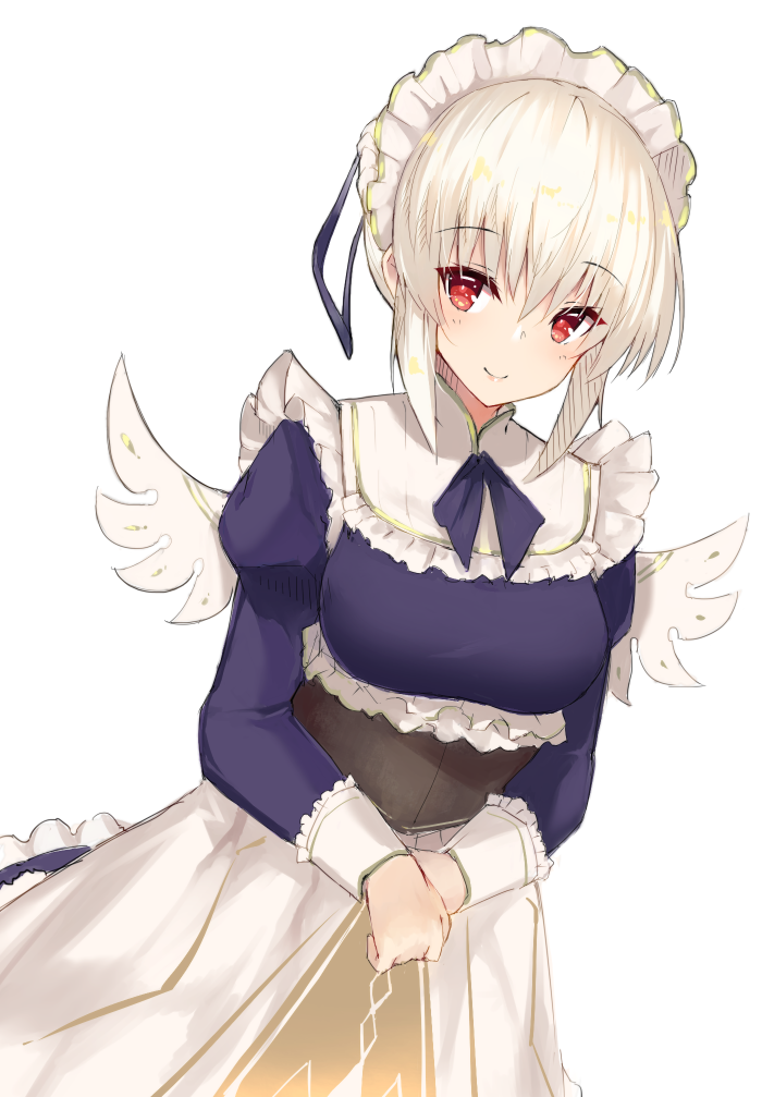blonde_hair blush breasts closed_mouth corset eyebrows_visible_through_hair frills long_sleeves looking_at_viewer maid maid_headdress medium_breasts own_hands_together red_eyes sennen_sensou_aigis serra_(sennen_sensou_aigis) smile solo white_background white_wings wings yki