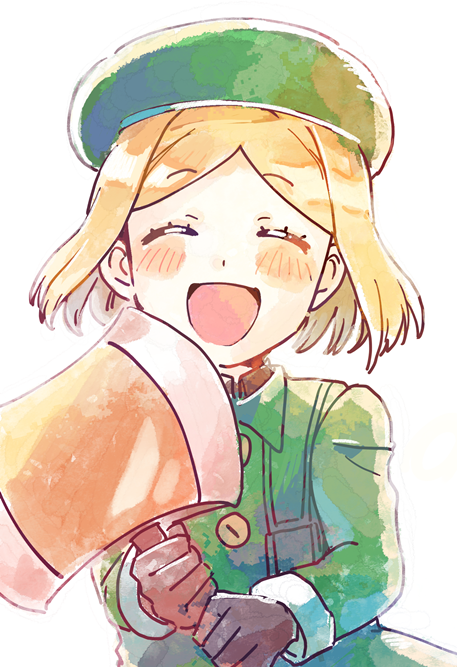 :d ^_^ axe bangs beret black_shirt blonde_hair blush buttons closed_eyes coat collared_shirt eyebrows eyebrows_visible_through_hair eyelashes facing_viewer fate/grand_order fate_(series) green_coat green_hat hat holding holding_axe long_sleeves medu_(rubish) open_mouth parted_bangs paul_bunyan_(fate/grand_order) raised_eyebrows shirt short_hair simple_background smile solo two-handed upper_body white_background wrist_cuffs