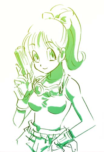bare_arms belt breasts bulma commentary_request dragon_ball dragon_ball_(classic) eyebrows_visible_through_hair gloves goggles green gun hair_ribbon hand_on_hip handgun happy ken'oo lowres monochrome pants pistol ponytail ribbon simple_background sleeveless smile solo weapon white white_background