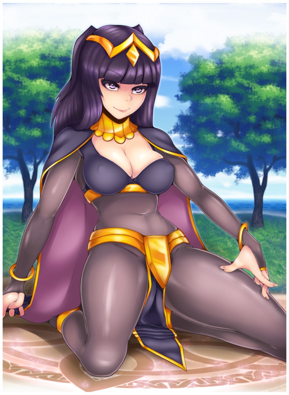 1girl blue_sky bodystocking breasts cape center_opening cleavage cloud covered_navel erect_nipples fire_emblem fire_emblem:_kakusei full_body groin highres kneeling large_breasts long_hair madartraven outdoors pelvic_curtain purple_eyes purple_hair sky smile solo tharja tree