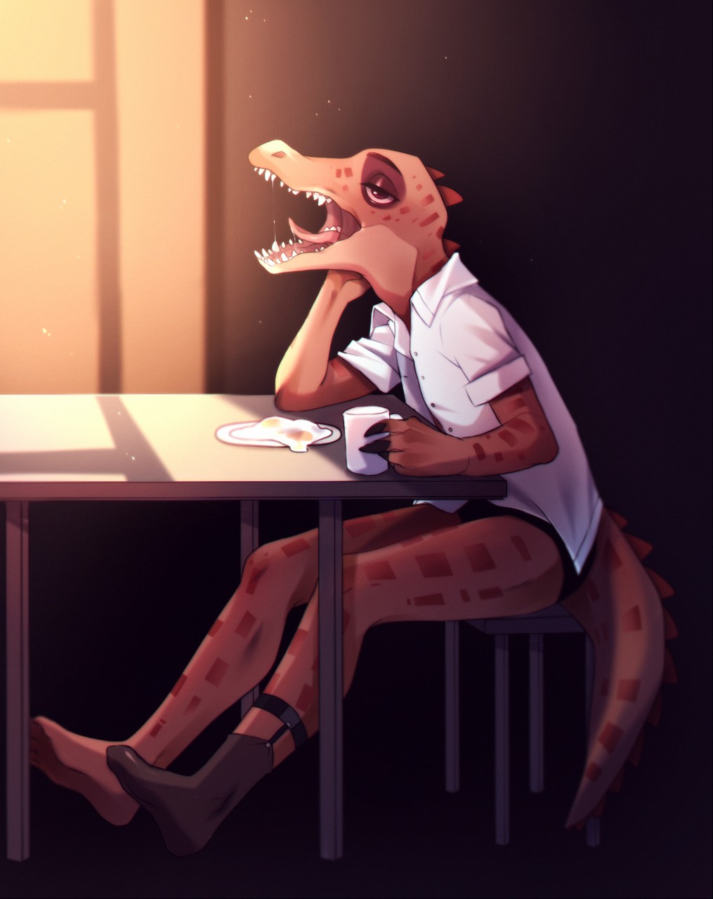 anthro bottomless breakfast button_(fastener) clothed clothing collar crocodile crocodilian cup egg frenky_hw half-closed_eyes legwear male morning open_mouth orange_scales red_eyes reptile scales scalie sharp_teeth shirt sitting socks solo stool sunlight table teeth tongue tongue_out underwear yawn
