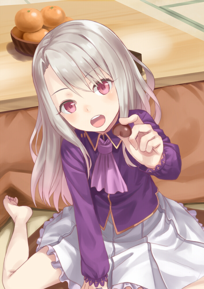 asymmetrical_bangs bangs barefoot basket blush chocolate chocolate_heart commentary_request doonatsu. eyebrows_visible_through_hair fate/stay_night fate_(series) feeding food fruit grey_hair head_tilt heart holding holding_food illyasviel_von_einzbern indoors kotatsu long_hair long_sleeves looking_at_viewer mandarin_orange open_mouth partial_commentary pleated_skirt pov_feeding purple_shirt red_eyes shirt sitting skirt solo table upper_teeth valentine very_long_hair wariza white_skirt
