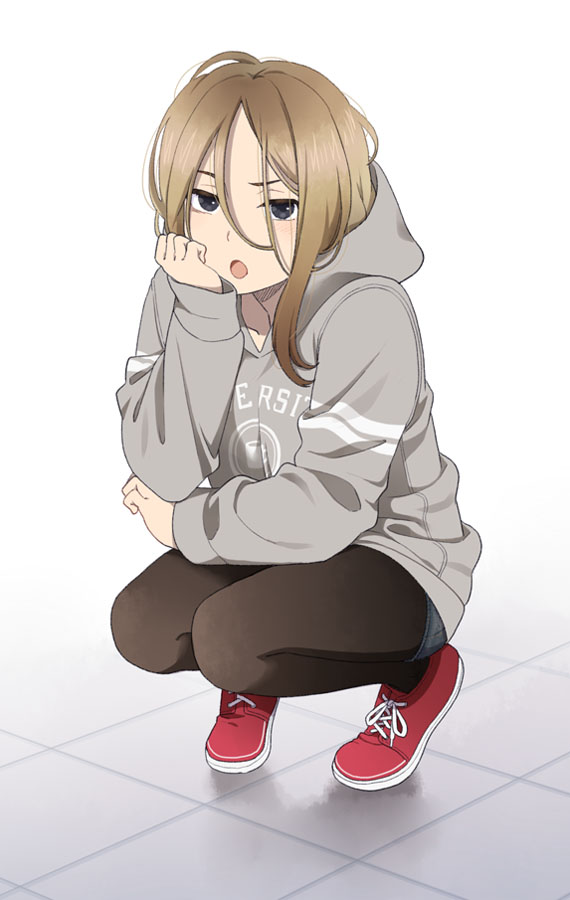 black_legwear blue_eyes brown_hair chin_rest college_shirt elbow_rest hair_between_eyes hood hoodie long_hair looking_at_viewer mattaku_mousuke original pantyhose short_shorts shorts solo squatting tile_floor tiles