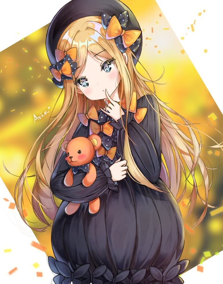 abigail_williams_(fate/grand_order) arin_(wda4167) artist_name bangs black_bow black_dress black_hat blonde_hair blue_eyes blush blush_stickers bow bug butterfly closed_mouth commentary_request dress eyebrows_visible_through_hair fate/grand_order fate_(series) finger_to_mouth fingernails hair_bow hat head_tilt insect long_hair long_sleeves looking_at_viewer object_hug orange_bow parted_bangs polka_dot polka_dot_bow solo stuffed_animal stuffed_toy teddy_bear very_long_hair
