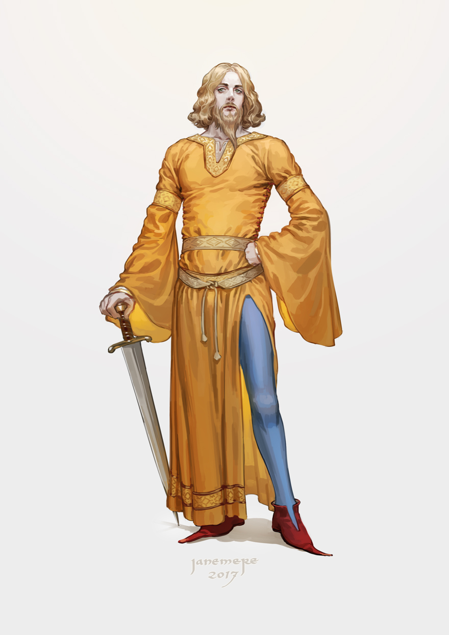 arm_strap artist_name beard bliaut blonde_hair blue_pants clenched_hand closed_mouth commentary_request crakow european_clothes facial_hair forehead full_body green_eyes grey_background hand_on_hip highres holding holding_sword holding_weapon jane_mere legs_apart long_sleeves looking_at_viewer male_focus original pants red_footwear shoes simple_background solo standing sword wavy_hair weapon wide_sleeves