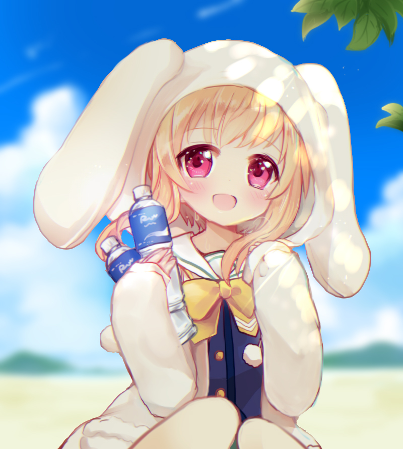:d animal_ears animal_hood bangs battle_girl_high_school blonde_hair blue_shirt blue_sky blurry blurry_background blush bottle bunny_ears bunny_hood cloud commentary_request day depth_of_field eyebrows_visible_through_hair heavy_breathing holding holding_bottle hood hood_up jacket knees_together_feet_apart long_hair long_sleeves looking_at_viewer maodouzi open_clothes open_jacket open_mouth outdoors purple_eyes sailor_collar school_uniform serafuku shirt sitting sky sleeves_past_wrists smile solo sweat watagi_michelle water_bottle white_jacket white_sailor_collar