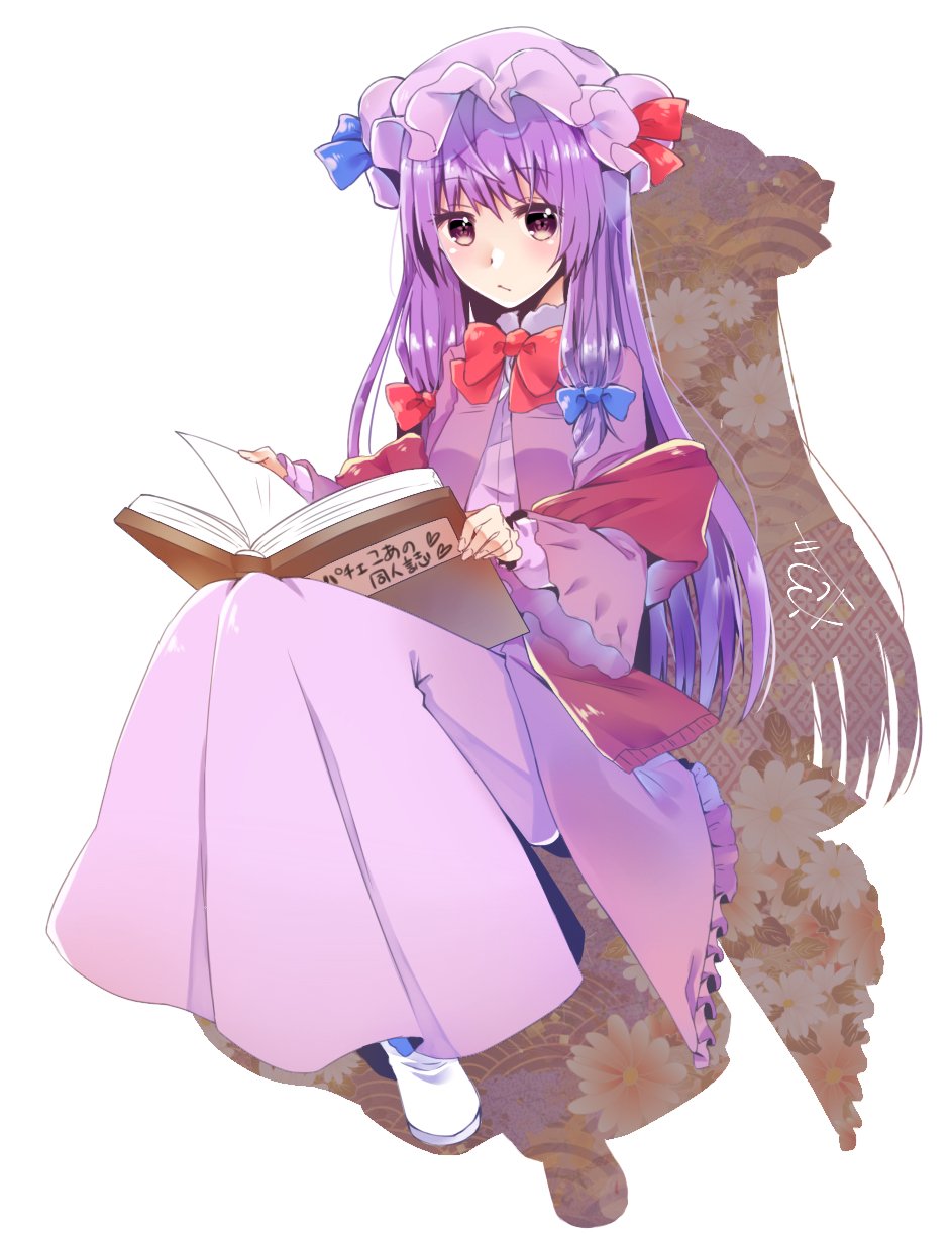 abe_suke bangs blue_bow blush book bow bowtie brown_eyes closed_mouth dress eyebrows_visible_through_hair full_body hair_bow hat highres holding holding_book long_hair long_sleeves looking_at_viewer mob_cap patchouli_knowledge purple_dress purple_hair purple_hat red_bow red_neckwear shoes sidelocks solo touhou translated white_background white_footwear wide_sleeves
