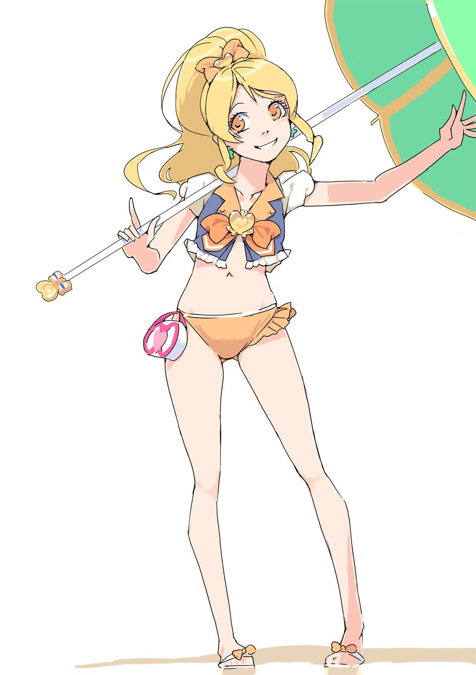 1girl akinbo_(hyouka_fuyou) blonde_hair bow collarbone cure_honey earrings full_body grin hair_bow happinesscharge_precure! head_tilt heart high_ponytail highres holding jewelry long_hair looking_at_viewer midriff navel orange_bikini_bottom orange_bow parasol precure short_sleeves simple_background smile solo standing star star_earrings stomach umbrella white_background yellow_eyes