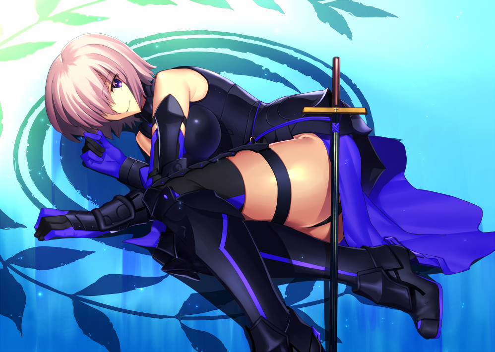 ass black_footwear black_legwear black_leotard blue_gloves boots breasts elbow_gloves eyes fate/grand_order fate_(series) gloves hair_over_one_eye high_heel_boots high_heels large_breasts leotard looking_at_viewer lying mash_kyrielight on_side purple_eyes sen_(77nuvola) short_hair silver_hair smile solo sword thigh_boots thigh_strap thighhighs weapon