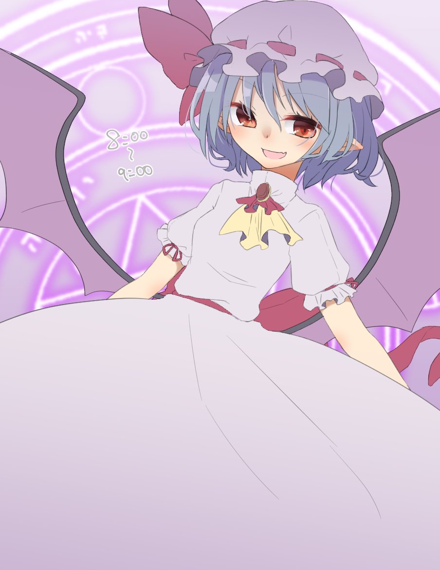:d abe_suke ascot bangs bat_wings bow brown_eyes dress eyebrows_visible_through_hair grey_hair hair_between_eyes hat hat_bow looking_at_viewer mob_cap open_mouth pointy_ears red_bow remilia_scarlet short_sleeves smile solo touhou wings