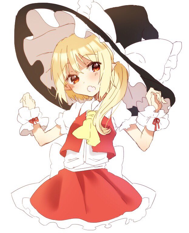 abe_suke alternate_headwear arms_at_sides ascot bangs blonde_hair blush borrowed_garments bow brown_eyes collared_shirt commentary_request eyebrows_visible_through_hair flandre_scarlet hair_over_shoulder hat hat_bow open_mouth ponytail red_skirt shirt short_sleeves simple_background skirt skirt_set solo touhou white_background white_bow white_shirt witch_hat wrist_cuffs