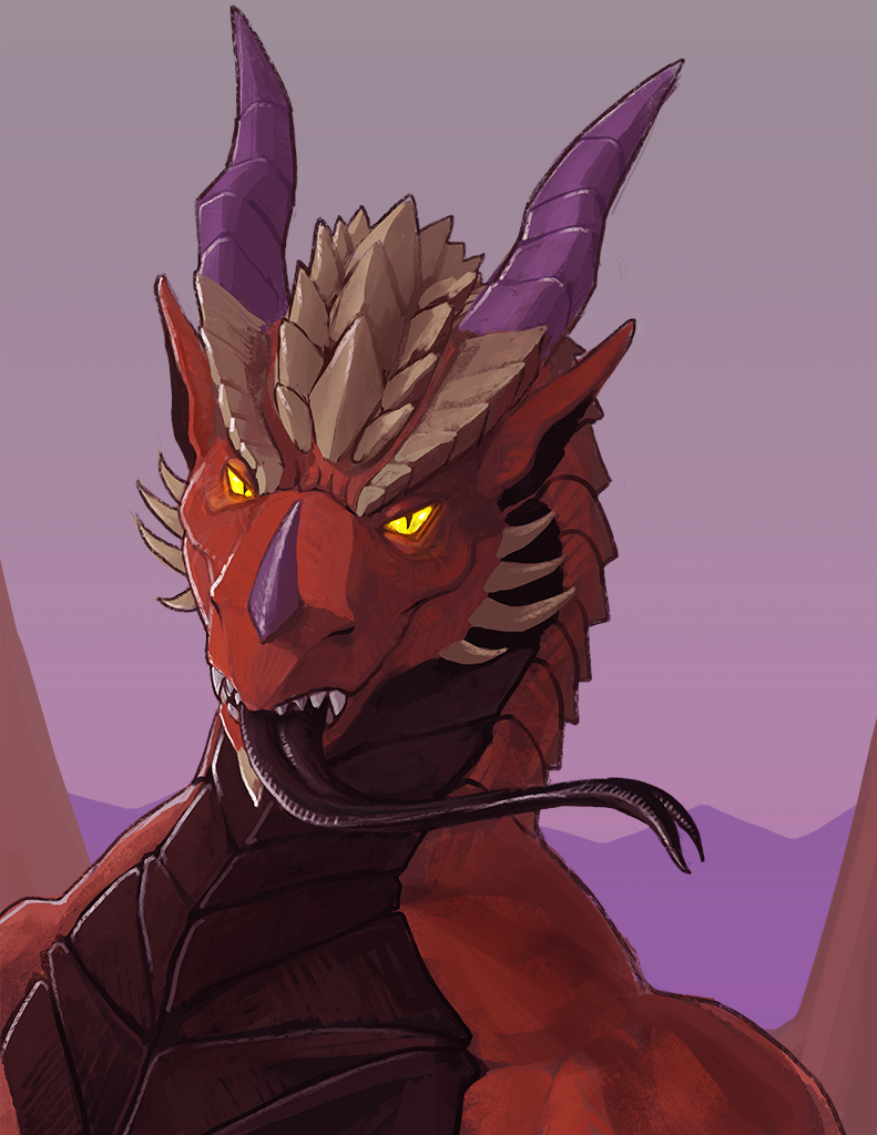 anthro broad_shoulders dragon forked_tongue glowing glowing_eyes grin headshot horn invalid_tag inviting looking_at_viewer male purple_horn red_scales rionquosue scales simple_background slash0x smile solo spines teeth tongue wings