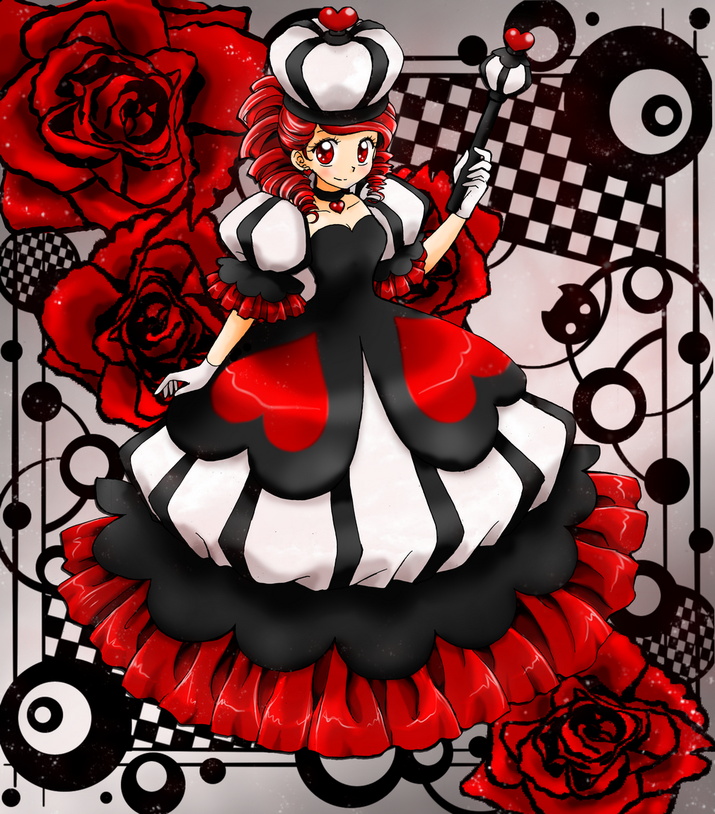 abstract_background alice_in_wonderland asymmetrical_hair blush breasts checkered checkered_background chikorita85 cleavage collarbone commentary crown dress drill_hair drill_locks earrings eyelashes floral_background flower full_body gloves hand_up heart heart_earrings heart_necklace high_contrast holding jewelry long_dress looking_at_viewer original playing_card_theme puffy_dress puffy_short_sleeves puffy_sleeves queen queen_of_hearts red red_eyes red_flower red_hair red_rose rose scepter short_sleeves single_sidelock small_breasts smile solo standing white_gloves