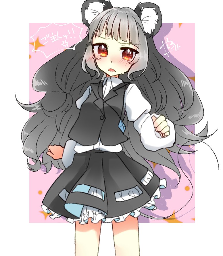 abe_suke alternate_hair_length alternate_hairstyle animal_ears bangs bloomers blush brown_eyes buttons collared_shirt commentary_request cowboy_shot eyebrows_visible_through_hair grey_hair grey_vest juliet_sleeves long_hair long_sleeves looking_at_viewer mouse_ears mouse_tail nazrin open_mouth puffy_sleeves shirt signature skirt skirt_set solo sweat tail touhou underwear vest white_shirt