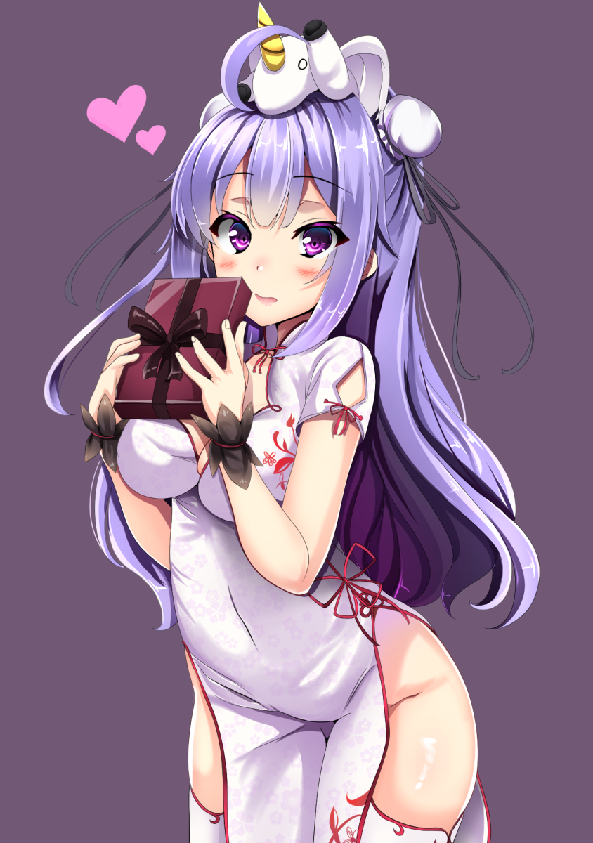 ahoge azur_lane black_ribbon blush box breasts bun_cover china_dress chinese_clothes cleavage closed_mouth commentary_request covered_navel double_bun dress gift gift_box groin heart highres holding holding_gift large_breasts long_hair looking_at_viewer no_panties on_head pelvic_curtain purple_background purple_eyes purple_hair ribbon senra_banshou short_sleeves side_bun simple_background solo stuffed_alicorn stuffed_animal stuffed_toy thighhighs unicorn_(azur_lane) very_long_hair white_dress white_legwear wrist_cuffs