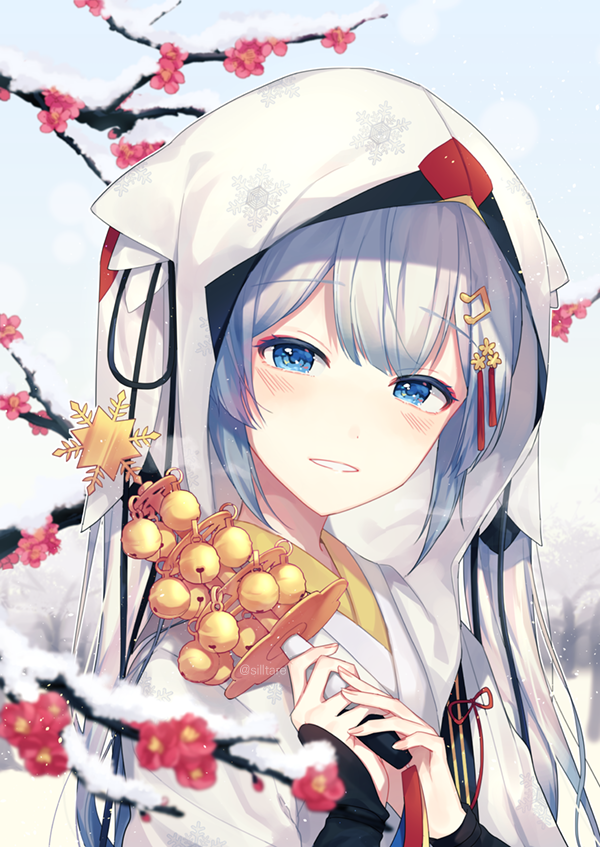 bell blue_eyes day eyebrows_visible_through_hair flower hair_between_eyes hatsune_miku holding japanese_clothes jingle_bell kagura_suzu kimono long_hair looking_at_viewer outdoors red_flower silltare silver_hair smile snow solo twintails upper_body vocaloid white_kimono yuki_miku
