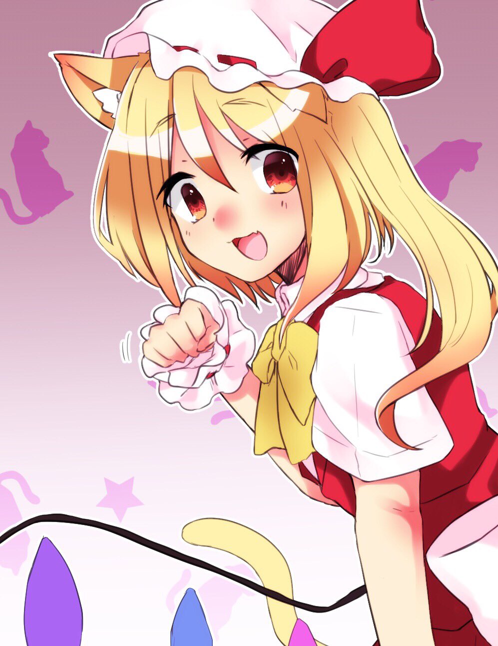 :d abe_suke animal_ears bangs blonde_hair bow bowtie brown_eyes cat_ears cat_tail eyebrows_visible_through_hair flandre_scarlet from_side hair_between_eyes hat hat_bow highres kemonomimi_mode looking_at_viewer mob_cap open_mouth short_sleeves sidelocks smile solo star tail touhou upper_body white_bow white_hat yellow_neckwear