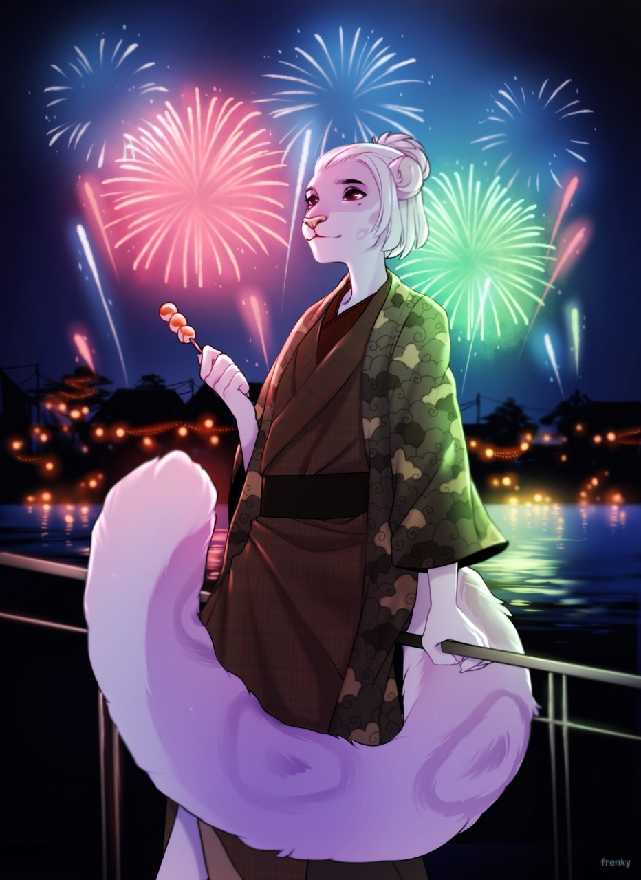 anthro askai clothed clothing feline fireworks frenky_hw fur girly hair lake leopard lights male mammal night night_sky pink_fur railing red_eyes sky skyline smile snow_leopard solo spots spotted_fur standing water white_fur white_hair