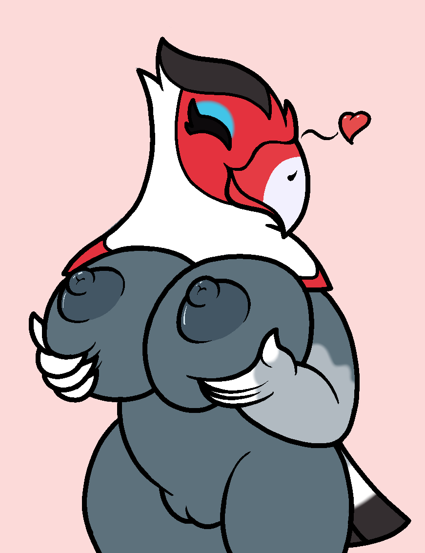 &lt;3 2018 amelia_(animal_crossing) animal_crossing anthro areola avian beak big_breasts bird breasts digital_media_(artwork) eyes_closed feathers female holding_breast huge_breasts mammal mr.under nintendo nipples nude pussy simple_background slightly_chubby smile solo thick_thighs video_games