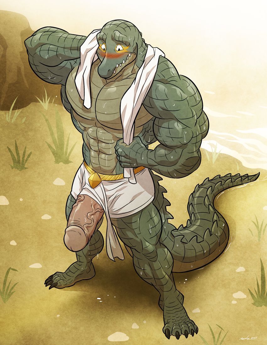 abs anthro asam biceps big_muscles big_penis blush clothed clothing crocodile crocodilian egyptian hand_behind_head humanoid_penis invalid_tag loincloth male muscular muscular_male partially_clothed pecs penis reptile river scalie solo standing teeth towel vein water wet wfa