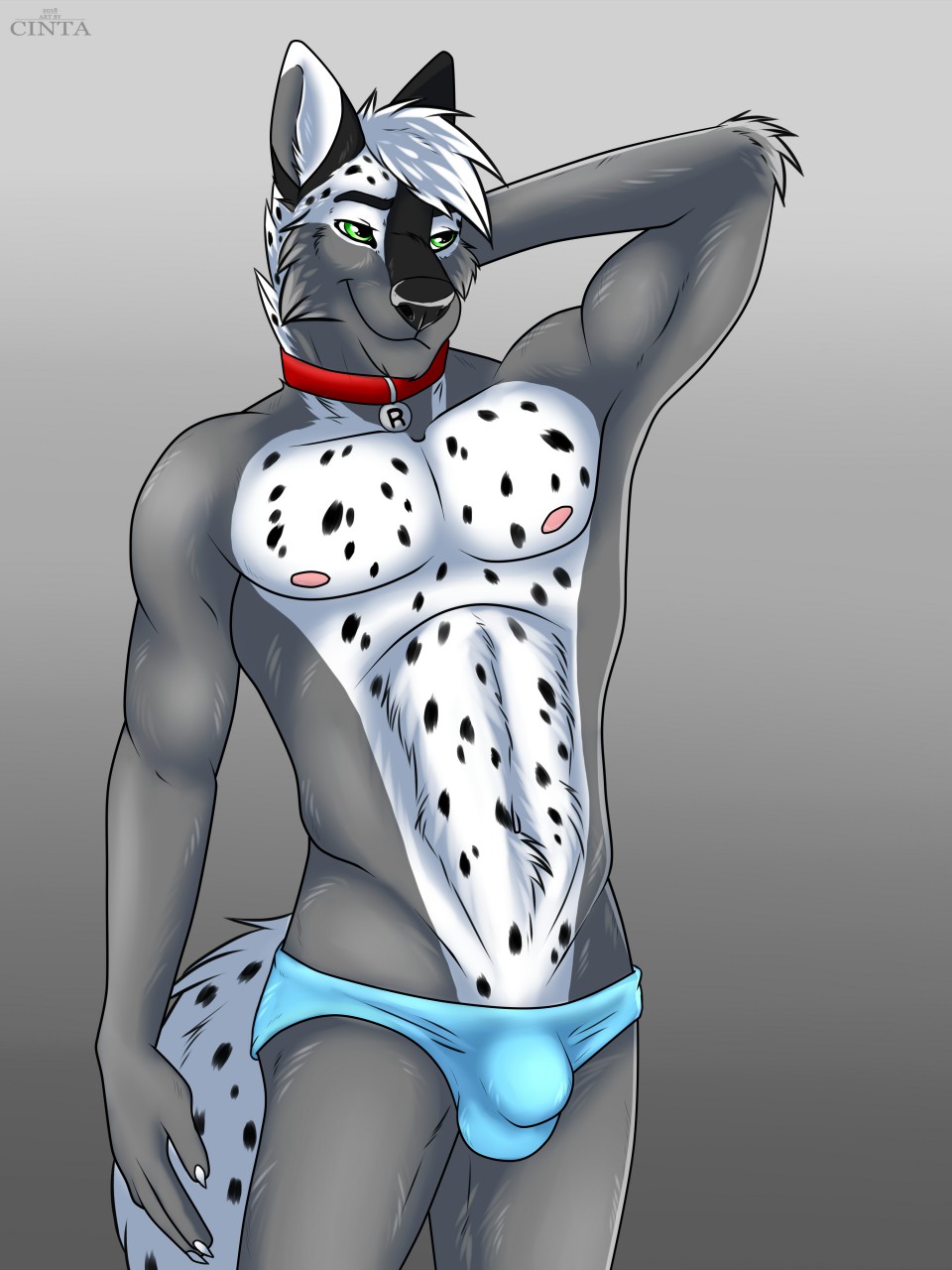 2018 5_fingers anthro athletic black_fur black_nose black_spots bulge canine cinta clothing collar fur green_eyes grey_background grey_fur hair hand_behind_head looking_aside male mammal multicolored_fur nipples pose ratchet_wolfe silver_hair simple_background smile solo spots standing two_tone_fur underwear white_fur white_hair wolf