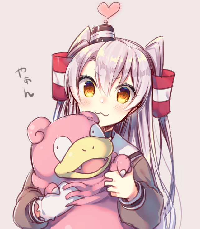 :3 amatsukaze_(kantai_collection) bangs blush brown_background brown_dress brown_eyes closed_mouth crossover dress eyebrows_visible_through_hair fangs gen_1_pokemon gloves hair_between_eyes hair_tubes hat heart holding holding_pokemon kantai_collection long_hair mini_hat open_mouth pokemon pokemon_(creature) sailor_collar sailor_dress simple_background single_glove slowpoke smokestack tahya translation_request two_side_up very_long_hair white_gloves white_sailor_collar windsock