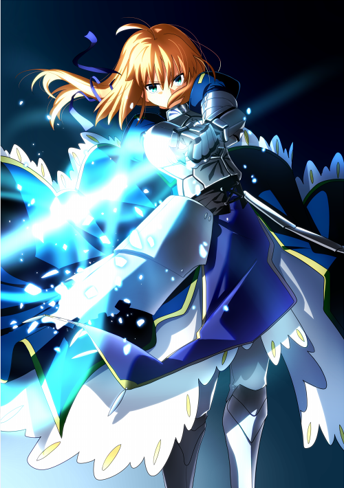 aqua_eyes armor armored_boots armored_dress artoria_pendragon_(all) blonde_hair blue_dress blue_ribbon boots dress fate/stay_night fate_(series) floating_hair gauntlets hair_between_eyes hair_over_mouth hair_ribbon holding holding_sword holding_weapon long_hair ribbon saber sen_(77nuvola) solo standing sword weapon