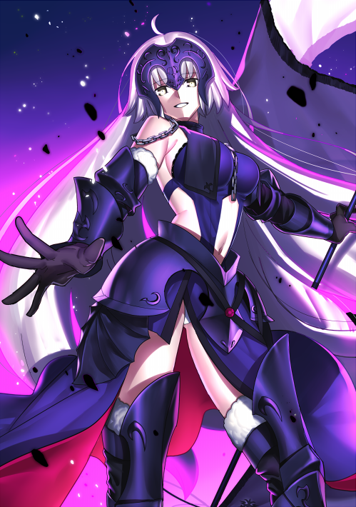 ahoge armor armored_boots armored_dress ass_visible_through_thighs banner black_gloves boots breasts chain dress elbow_gloves eyebrows_visible_through_hair fate/grand_order fate_(series) floating_hair from_below fur_trim gloves grin holding holding_weapon jeanne_d'arc_(alter)_(fate) jeanne_d'arc_(fate)_(all) large_breasts long_hair looking_at_viewer midriff navel navel_cutout panties purple_dress purple_footwear sen_(77nuvola) sideboob silver_hair sleeveless sleeveless_dress smile solo standing stomach thigh_boots thighhighs underwear very_long_hair weapon white_panties yellow_eyes