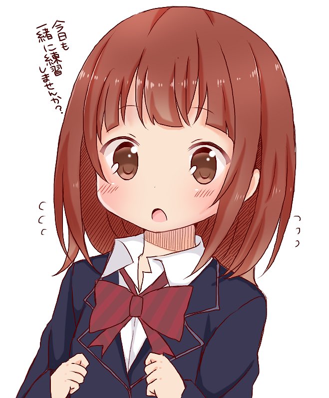 :o bangs black_jacket blazer blush bow bowtie brown_eyes brown_hair collared_shirt commentary_request diagonal_stripes eyebrows_visible_through_hair flying_sweatdrops hands_up jacket long_hair long_sleeves looking_at_viewer non_non_biyori open_mouth red_neckwear school_uniform shika_(s1ka) shinoda_akane shirt simple_background sleeves_past_wrists solo striped translation_request white_background white_shirt