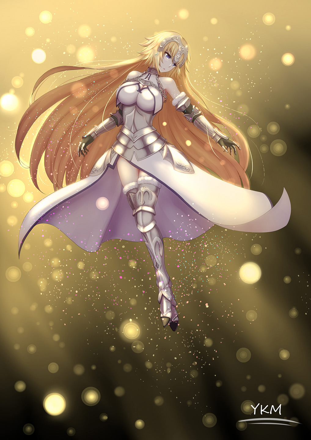 armor armored_boots armored_dress blonde_hair blue_eyes boots breasts cleavage dress dylannn fate/apocrypha fate_(series) floating_hair full_body gauntlets highres jeanne_d'arc_(fate) jeanne_d'arc_(fate)_(all) large_breasts long_hair parted_lips signature sleeveless sleeveless_dress solo thigh_boots thighhighs very_long_hair white_dress