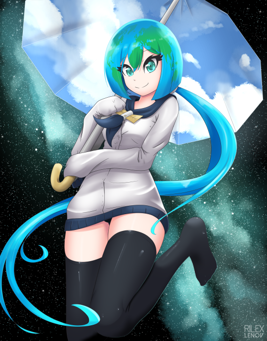 1girl artist_name black_legwear black_panties blue_hair blue_neckwear breasts earth-chan eyebrows_visible_through_hair female green_eyes green_hair hands_up holding jacket leg_up long_hair long_sleeves looking_at_viewer multicolored_hair neckerchief panties pantyshot ponytail rilex_lenov skindentation sleeves_past_wrists small_breasts smile solo star_(sky) starry_background text thighhighs tied_hair two-tone_hair umbrella underwear very_long_hair watermark white_jacket