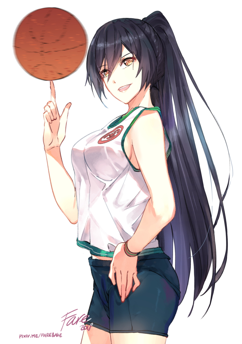 :d bare_shoulders basketball black_hair breasts brown_eyes commentary fare hand_on_hip idolmaster idolmaster_shiny_colors long_hair medium_breasts open_mouth ponytail shirase_sakuya shorts simple_background sleeveless smile solo teeth white_background